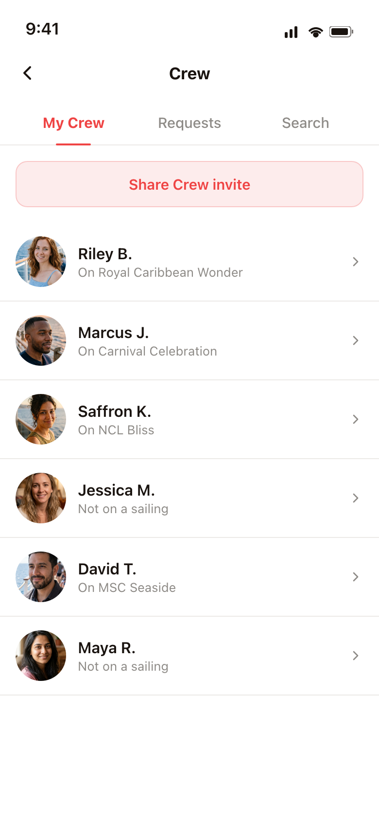 Your Crew screen — persistent connections across sailings