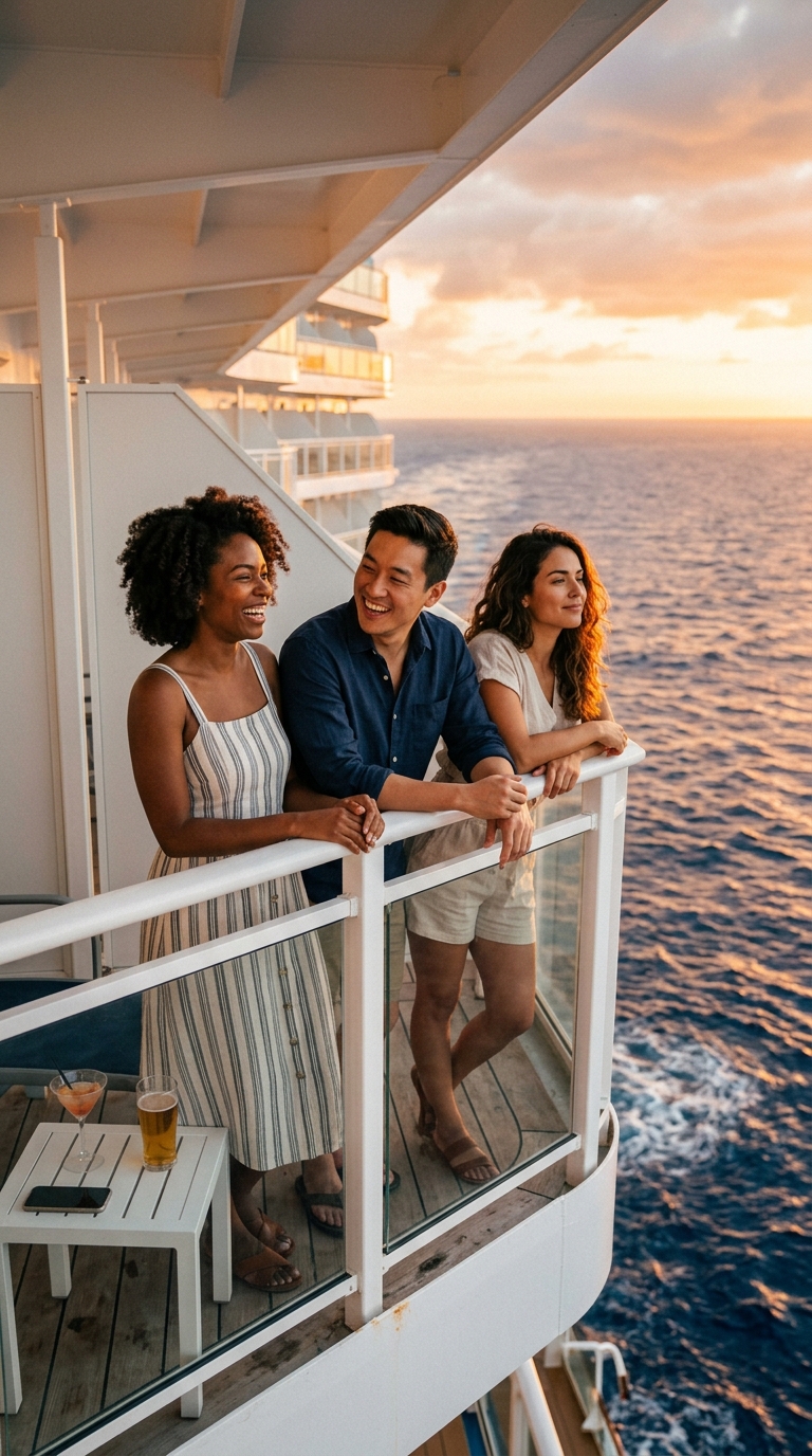 Couple on a cruise stateroom balcony at sunset